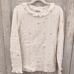 Boden Ruffle Sparkle Pointelle Shirt With Gold Foil Star